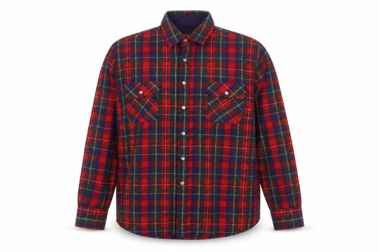 Front view of Eleven Sixty Six Men's Red Check Flannel Button-Up Shirt, size L