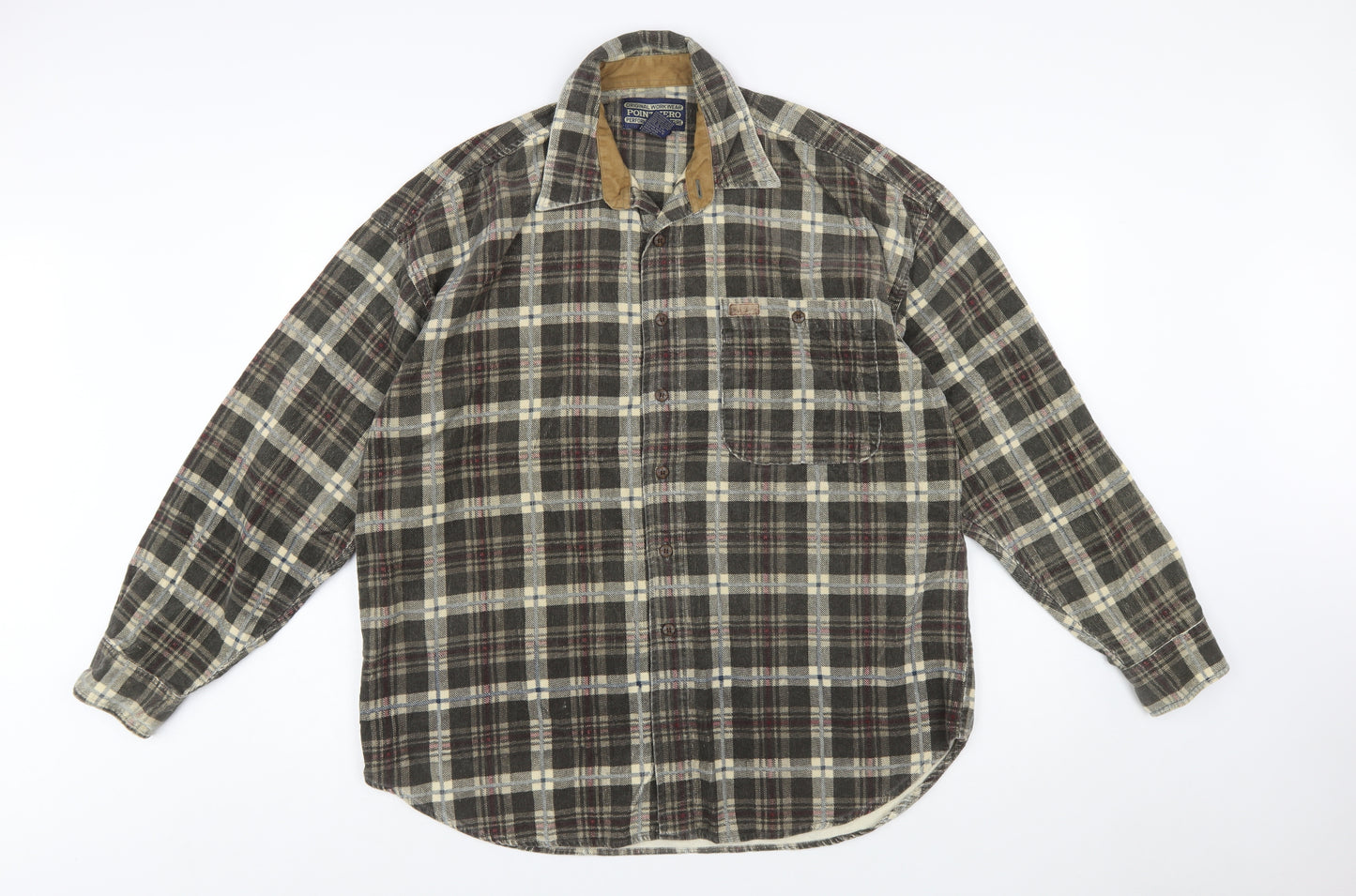 Point Zero Men's Brown Check Flannel Cotton Button-Up Shirt L