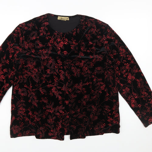 Notations Womens Black Red Velvet Floral Long Sleeve Tunic Blouse L