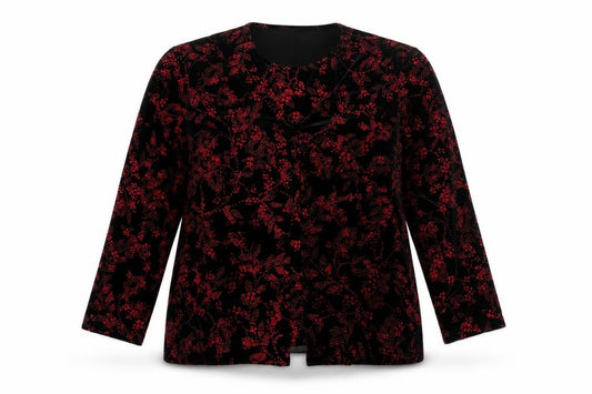 Front view of Notations women’s black red velvet floral long sleeve tunic blouse l