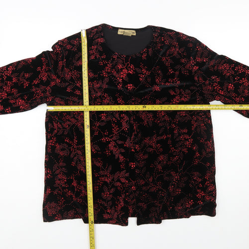 Notations Womens Black Red Velvet Floral Long Sleeve Tunic Blouse L