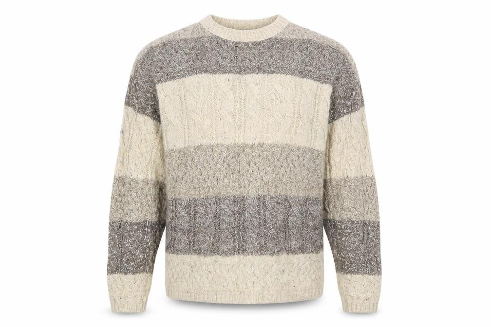 Front view of Old Glory Men’s Beige Cable-Knit Cotton Wool Jumper Large