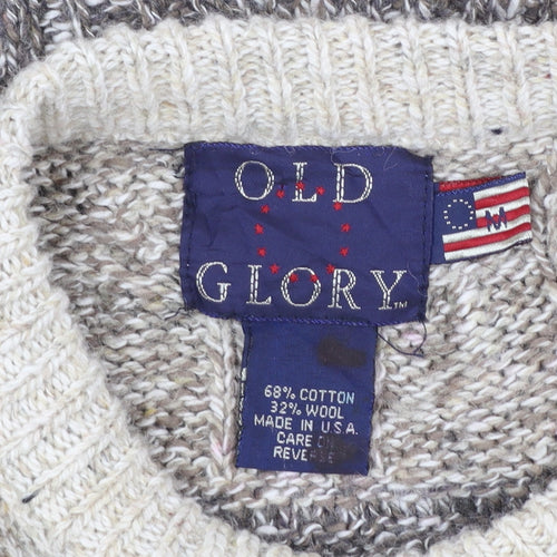 Old Glory Men’s Beige Cable-Knit Cotton Wool Jumper Large