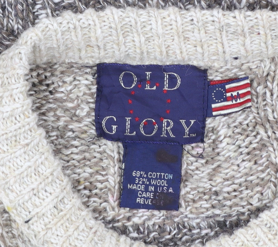 Old Glory Men’s Beige Cable-Knit Cotton Wool Jumper Large