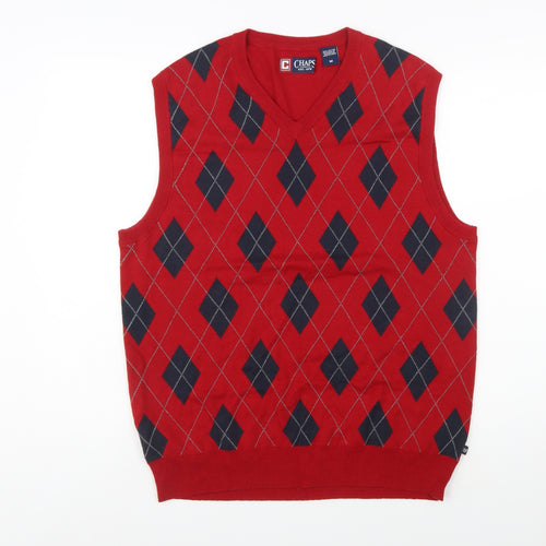 Chaps Men's Red Argyle V-Neck Cotton Sleeveless Vest Jumper Size M