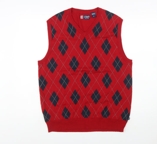 Chaps Men's Red Argyle V-Neck Cotton Sleeveless Vest Jumper Size M