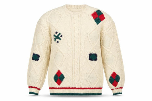 Front view of Boundary Waters Men's Ivory Wool Cable-Knit Argyle Jumper XL