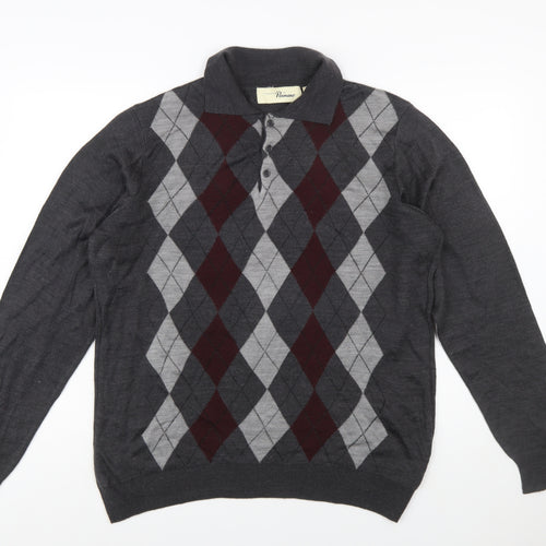 Penmans Men's Grey Argyle Collared Henley Jumper Size M