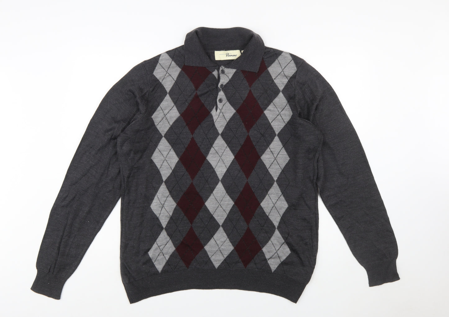 Penmans Men's Grey Argyle Collared Henley Jumper Size M