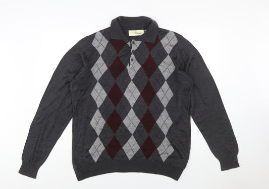 Penmans Men's Grey Argyle Collared Henley Jumper Size M