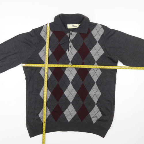 Penmans Men's Grey Argyle Collared Henley Jumper Size M