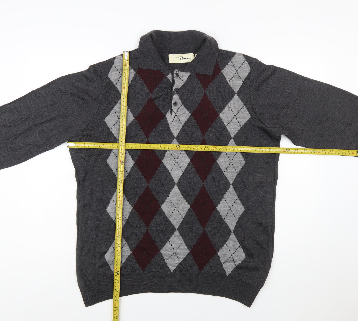 Penmans Men's Grey Argyle Collared Henley Jumper Size M