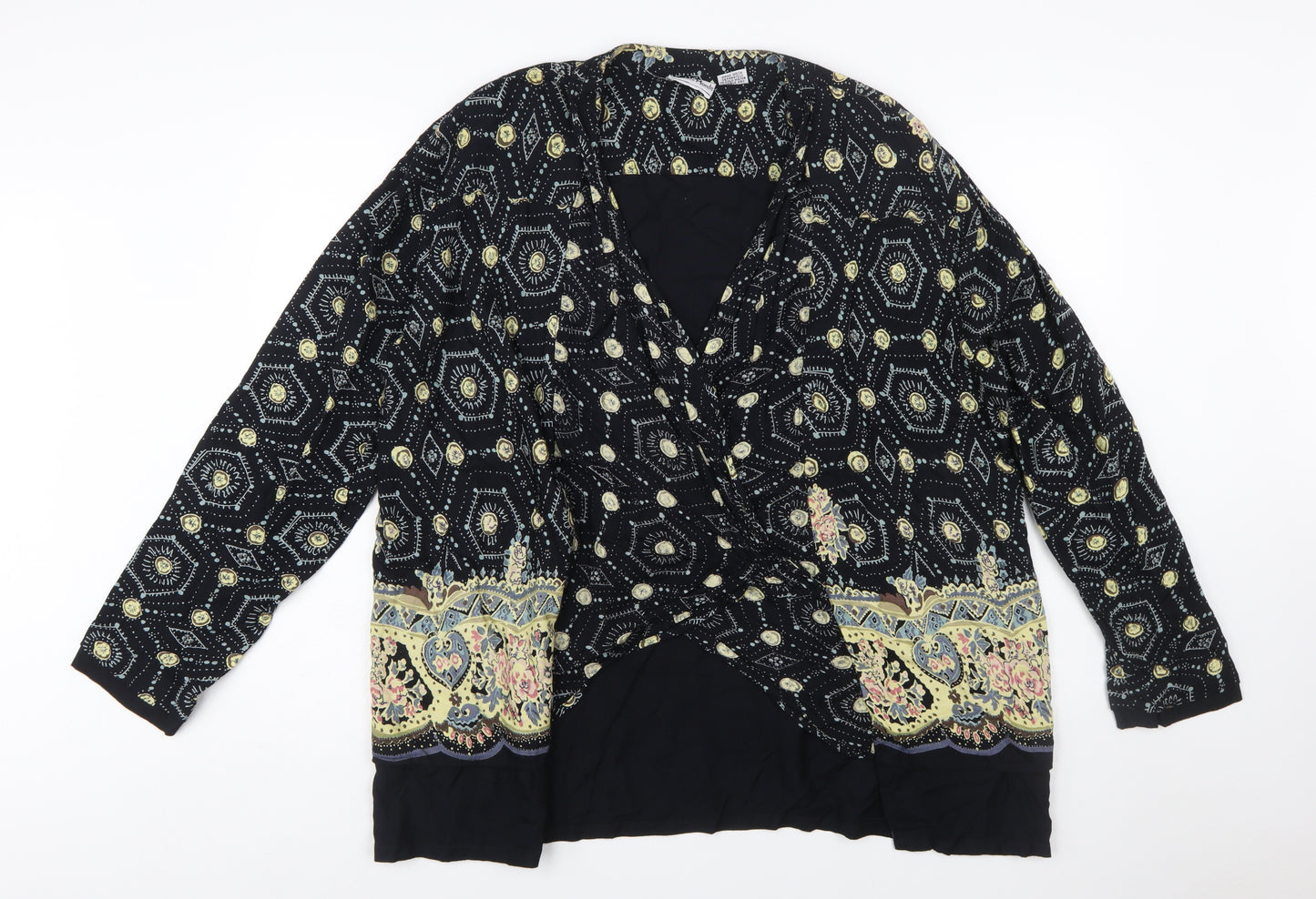 Nouveau Monde Womens Black Bohemian Wrap Blouse Size L Rayon