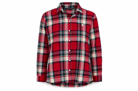 Front view of U.S. Polo Assn. women’s red plaid cotton long sleeve button-up shirt xl