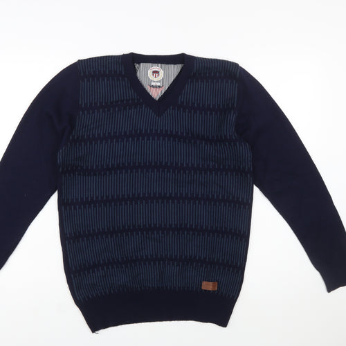 Teknotex Men's Blue V-Neck Geometric Knit Jumper Size L
