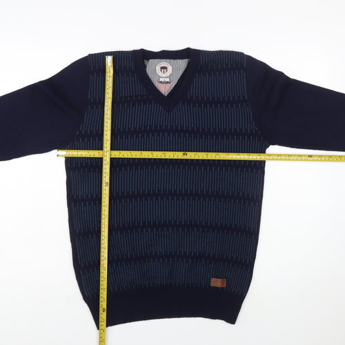 Teknotex Men's Blue V-Neck Geometric Knit Jumper Size L
