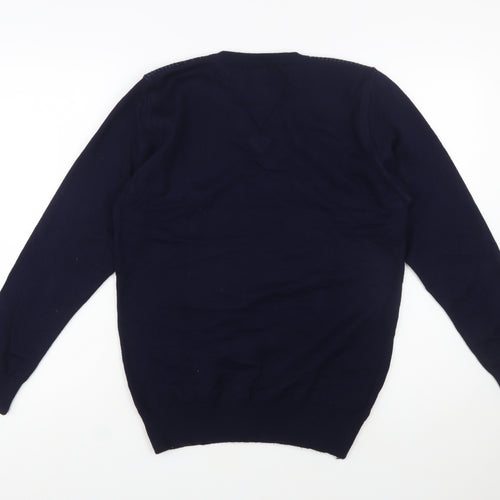 Teknotex Men's Blue V-Neck Geometric Knit Jumper Size L