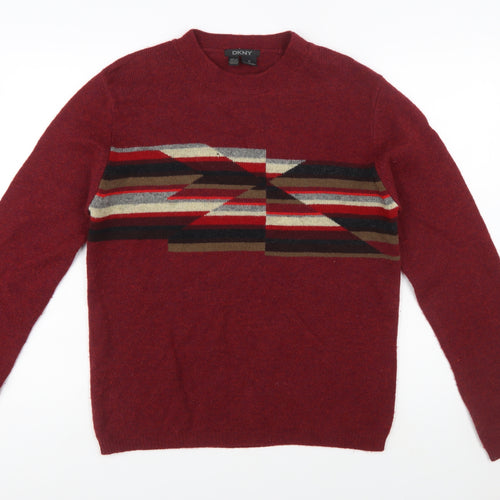 DKNY Men's Red Lambswool Geometric Crew Neck Jumper Size S