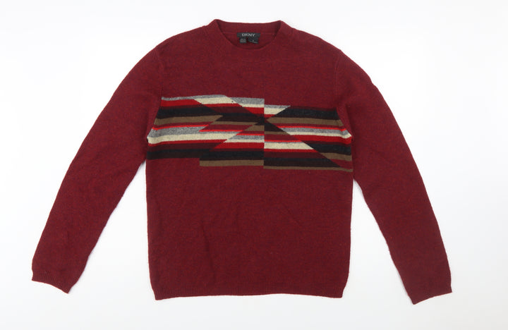 DKNY Men's Red Lambswool Geometric Crew Neck Jumper Size S