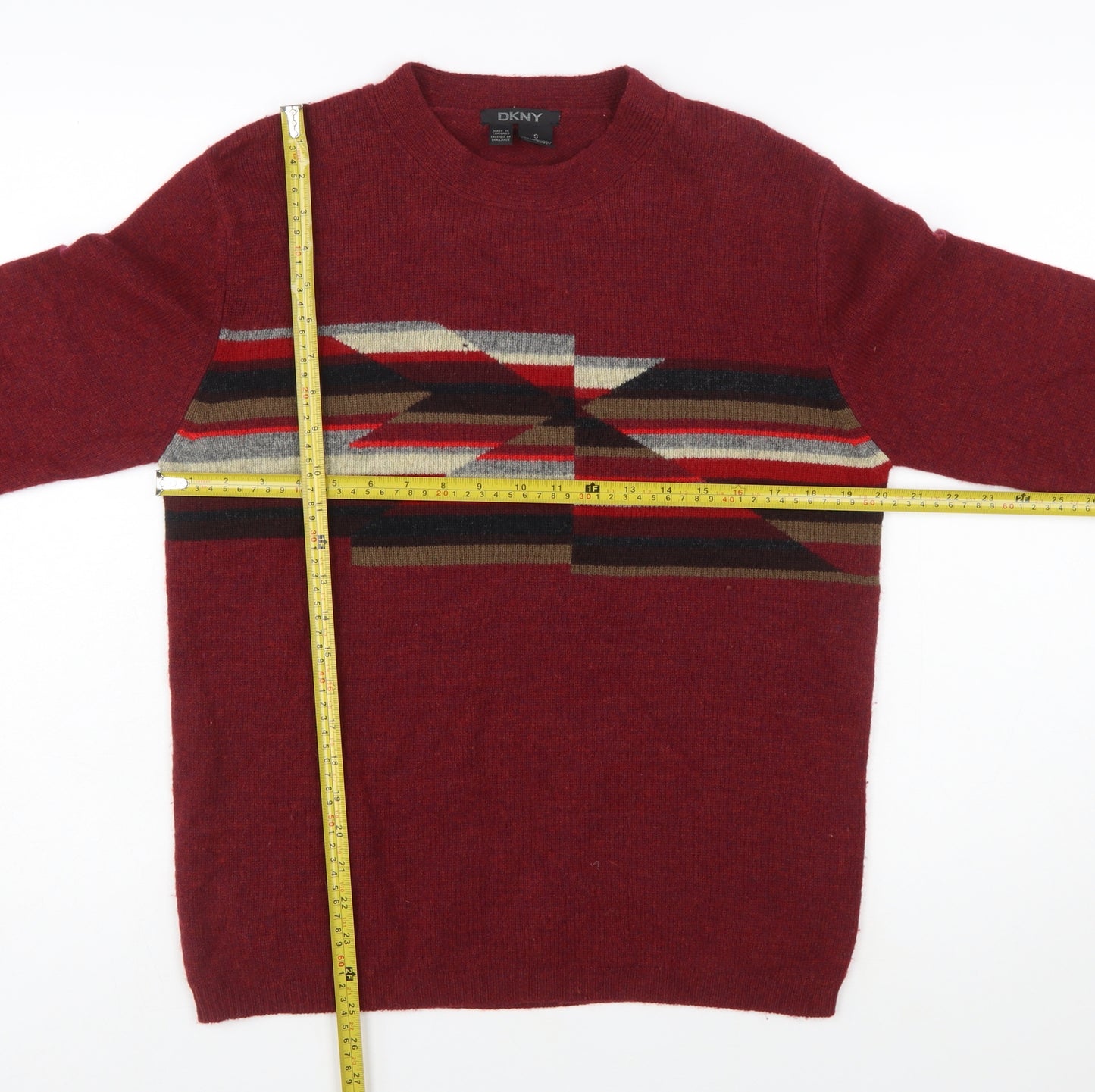 DKNY Men's Red Lambswool Geometric Crew Neck Jumper Size S