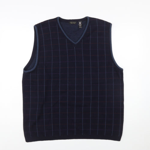 Cellini Men Blue Pure Wool Checked V-Neck Vest L