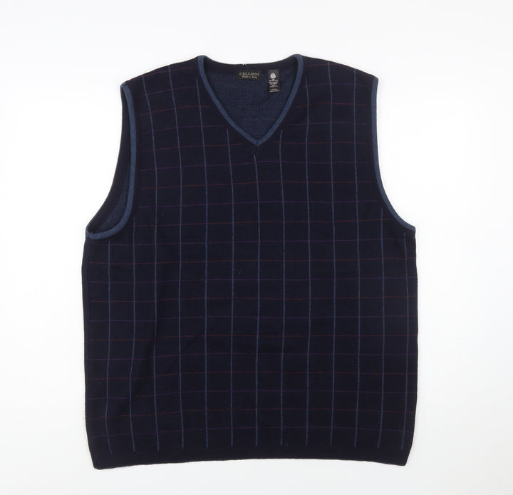 Cellini Men Blue Pure Wool Checked V-Neck Vest L
