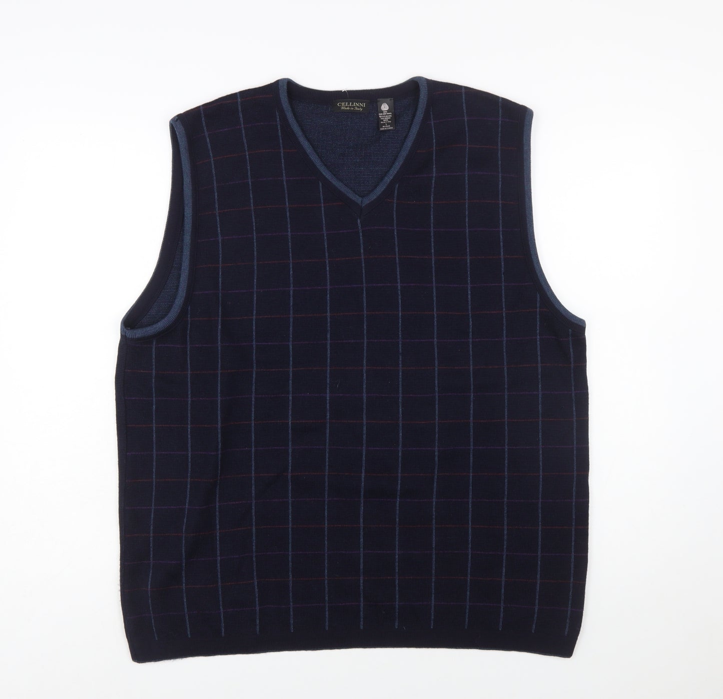Cellini Men Blue Pure Wool Checked V-Neck Vest L