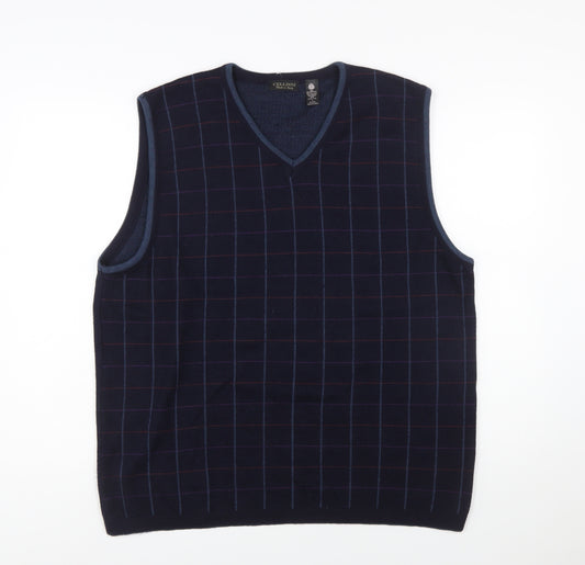 Cellini Men Blue Pure Wool Checked V-Neck Vest L