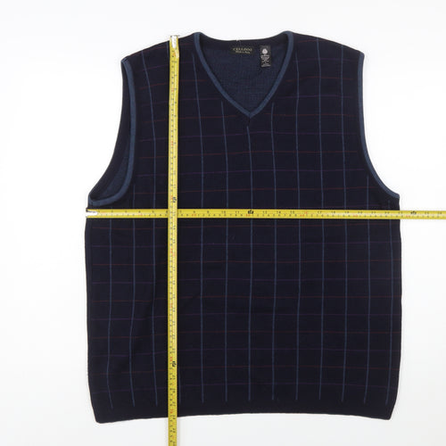Cellini Men Blue Pure Wool Checked V-Neck Vest L