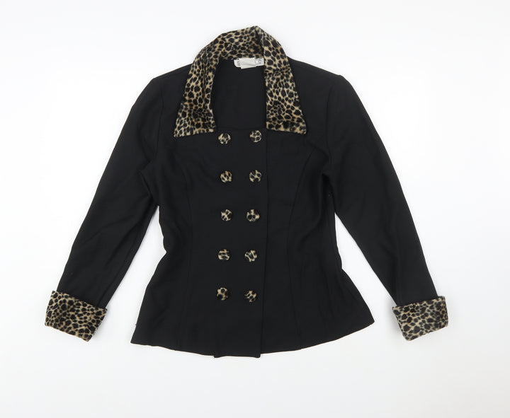 Studio C Women’s Black Leopard Trim Double-Breasted Blazer Size 10
