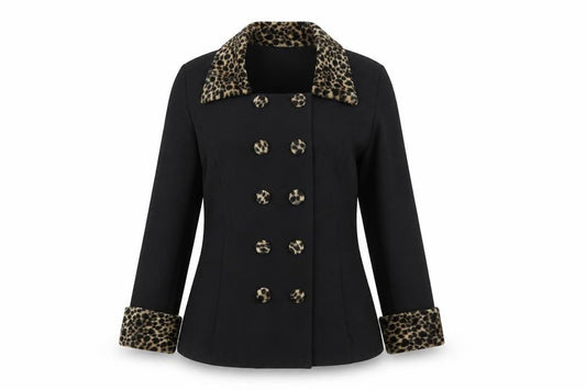 Front view of Studio C Women’s Black Leopard Trim Double-Breasted Blazer, size UK 10