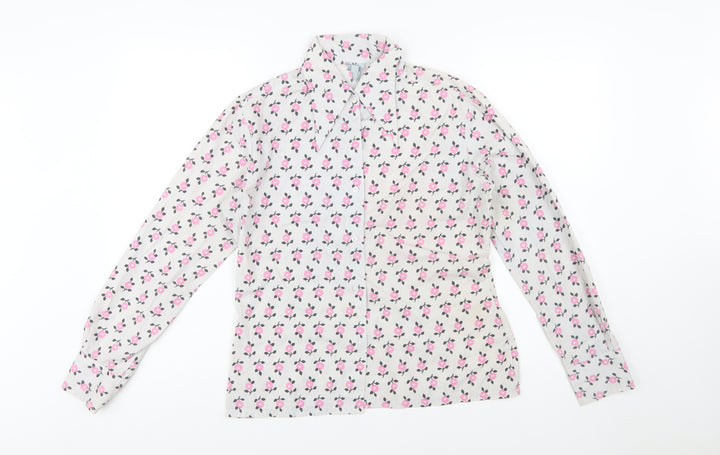 Delamare Womens White Floral Button-Up Shirt Size 14 Retro Long Sleeve