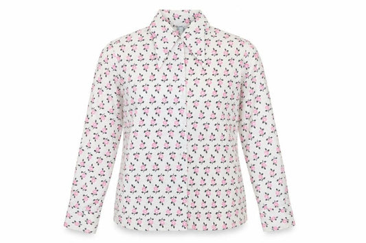 Front view of Delamare women’s white floral button-up shirt, size UK 14, retro long sleeve