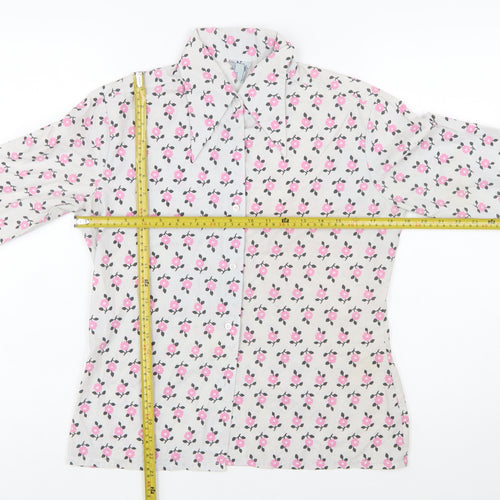 Delamare Womens White Floral Button-Up Shirt Size 14 Retro Long Sleeve