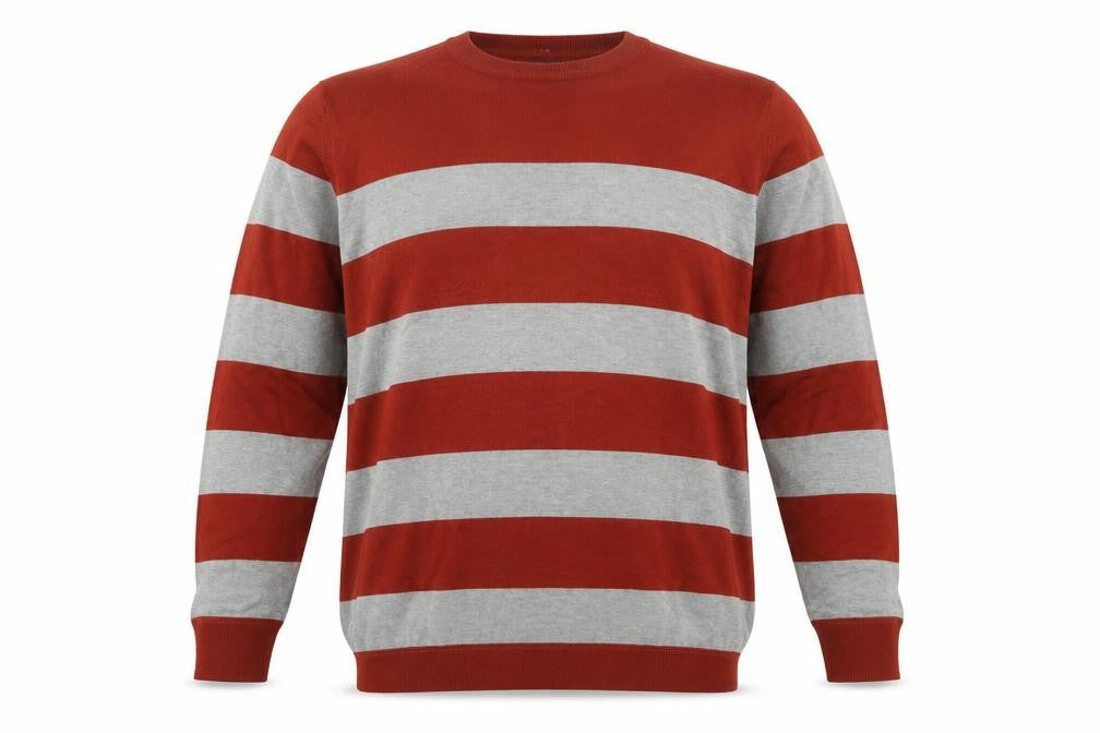 Front view of Metiner men’s red grey striped wool blend xl crew neck jumper