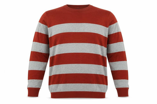 Front view of Metiner men’s red grey striped wool blend xl crew neck jumper