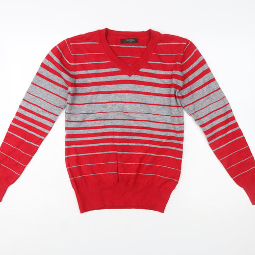 Wansili Women's Red Grey Striped V-Neck Knit Jumper M
