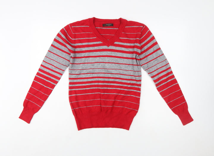 Wansili Women's Red Grey Striped V-Neck Knit Jumper M
