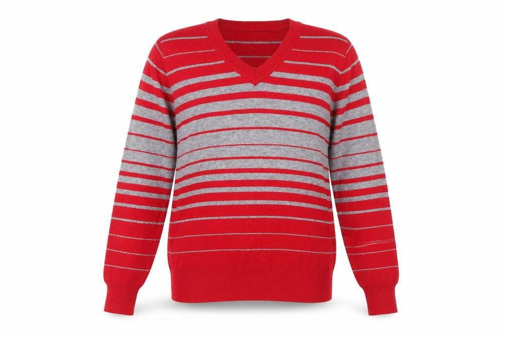 Front view of Wansili Women's Red Grey Striped V-Neck Knit Jumper M