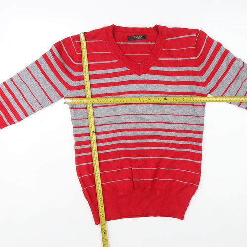 Wansili Women's Red Grey Striped V-Neck Knit Jumper M