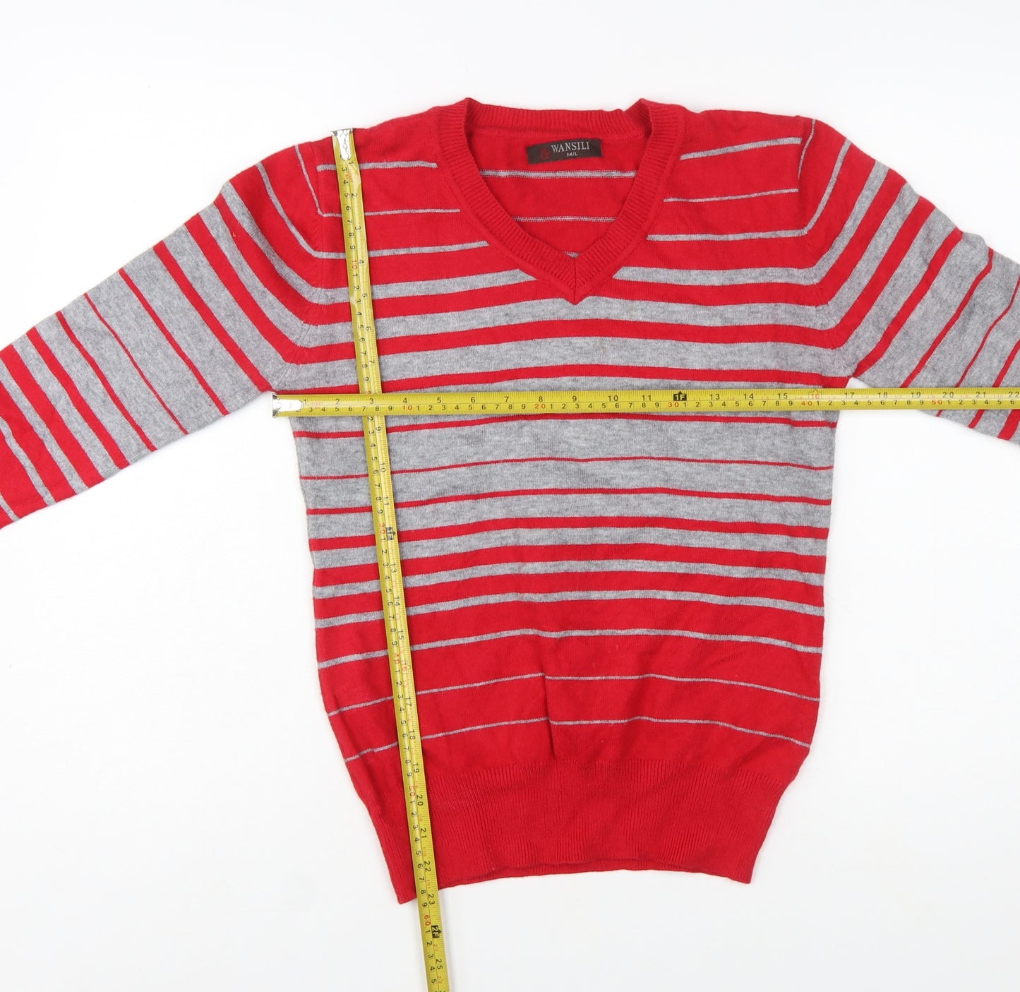 Wansili Women's Red Grey Striped V-Neck Knit Jumper M