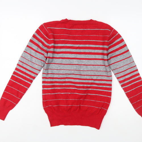 Wansili Women's Red Grey Striped V-Neck Knit Jumper M