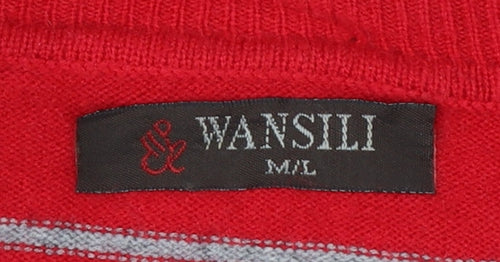 Wansili Women's Red Grey Striped V-Neck Knit Jumper M