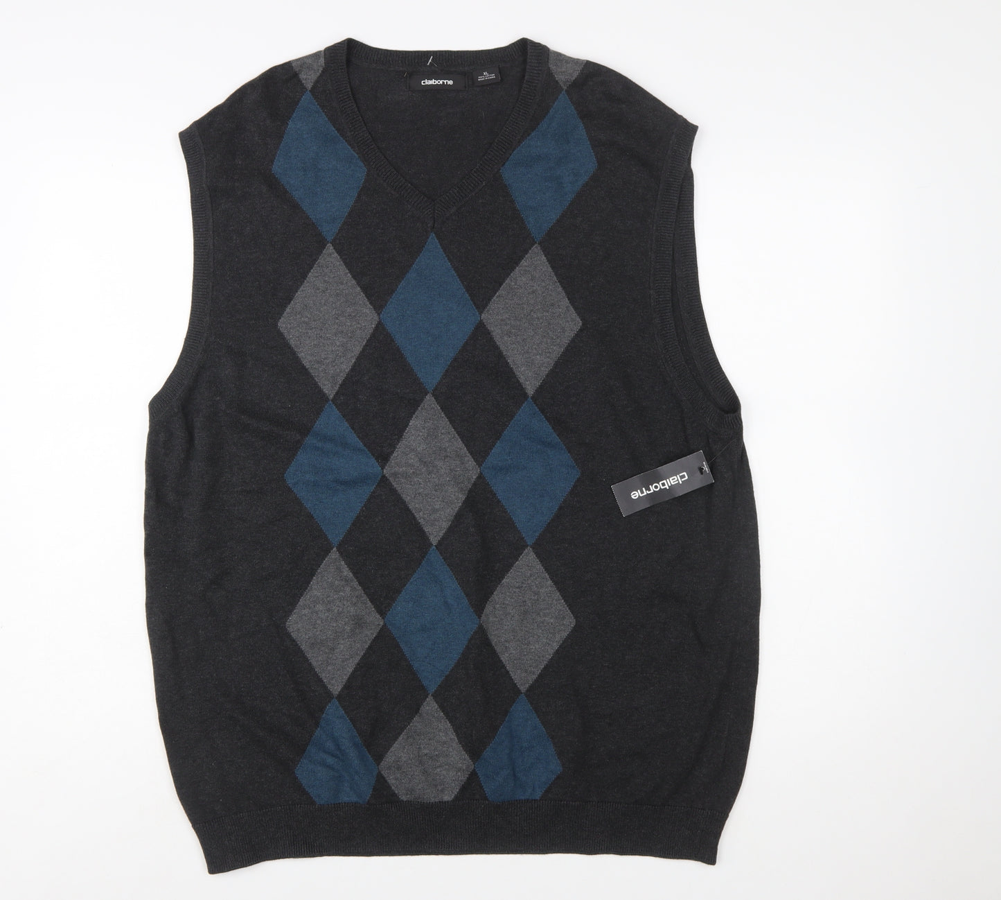 Claiborne Men's Grey Argyle Knit Cotton Sleeveless V-Neck Vest XL