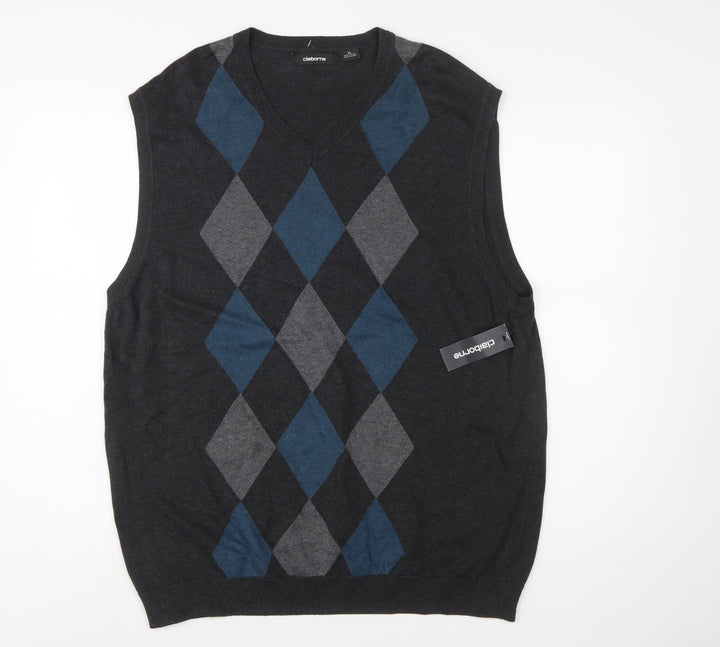 Claiborne Men's Grey Argyle Knit Cotton Sleeveless V-Neck Vest XL