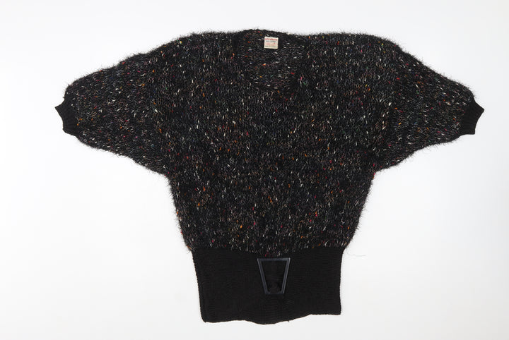 MCS Imports Women’s Black Hand Knit Cotton V-Neck Jumper M