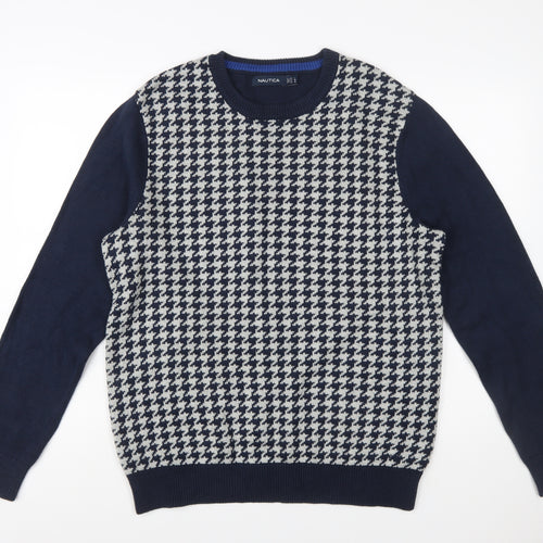 Nautica Men Blue Houndstooth Cotton Crew Neck Pullover Jumper Size L