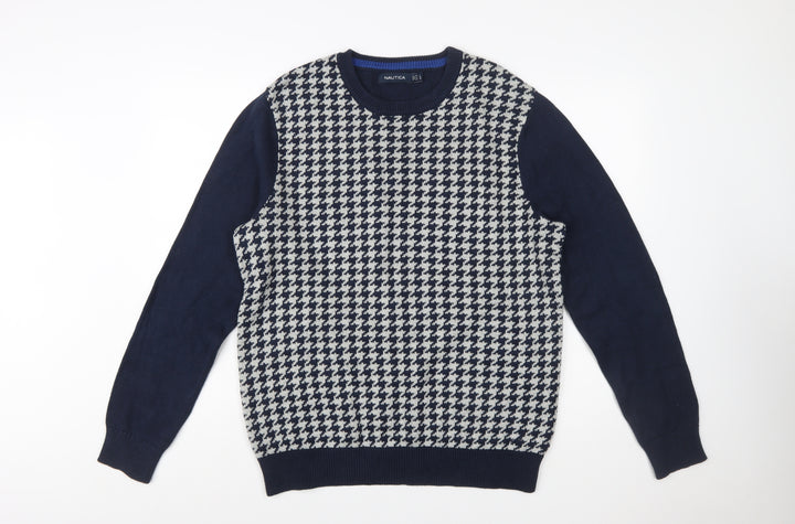 Nautica Men Blue Houndstooth Cotton Crew Neck Pullover Jumper Size L