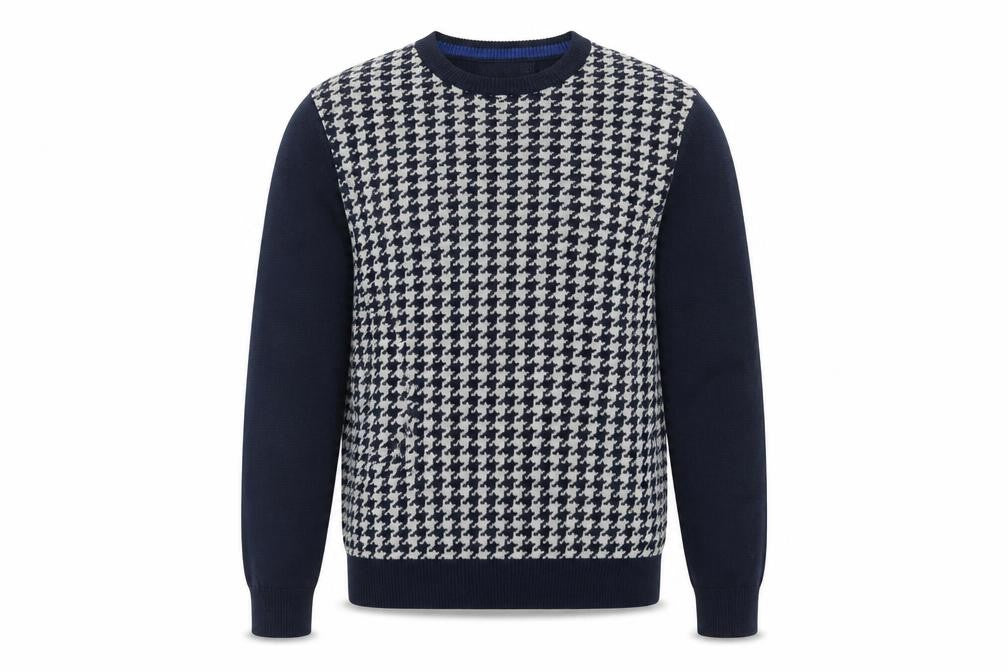 Front view of Nautica Men Blue Houndstooth Cotton Crew Neck jumper, size L