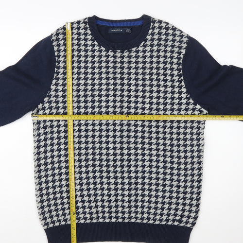 Nautica Men Blue Houndstooth Cotton Crew Neck Pullover Jumper Size L